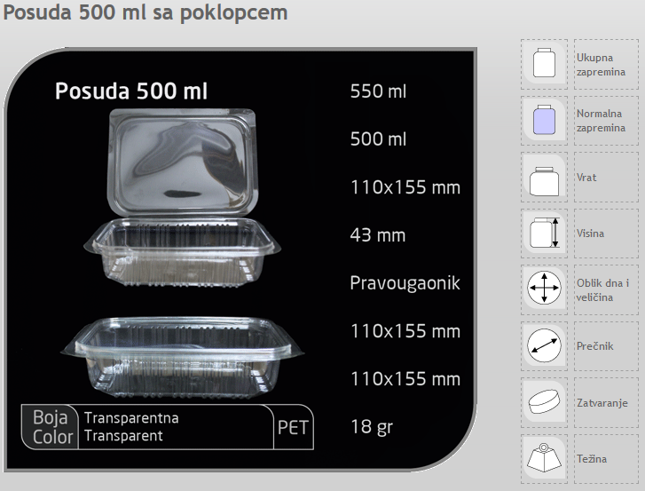 Transparent 500 ml Disposable Plastic Food Container, Box